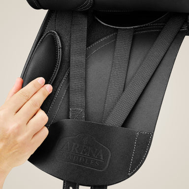 Arena Dressage Pony Saddle in black leather, side view.
