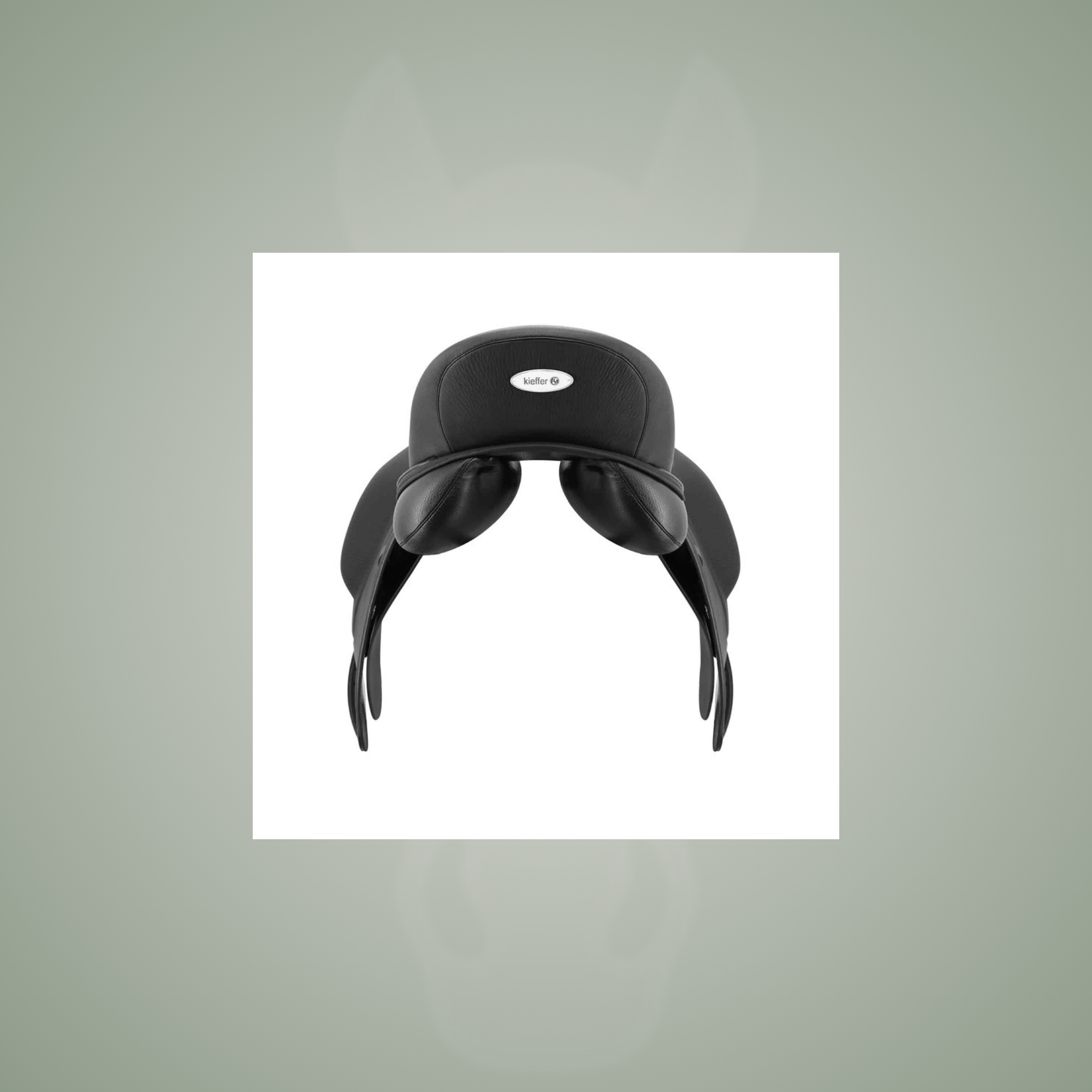 Kieffer Pluto dressage saddle in black, on the One-Eyed Equine branded background