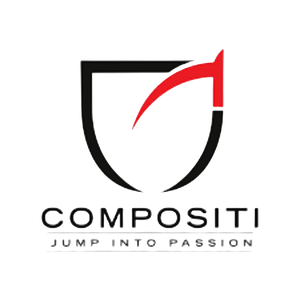 Logo of Compositi with a shield design and red accent on a white background