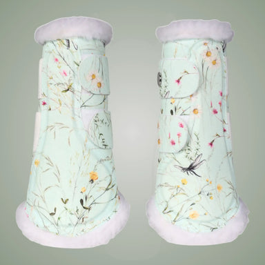 Pair of floral-patterned brush boots on a gray background