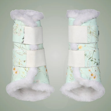 Pair of floral-patterned brush boots on a gray background