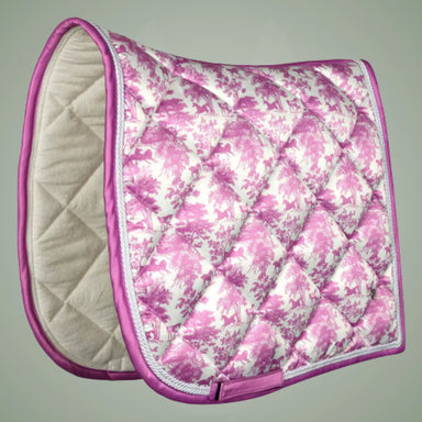 Pink floral patterned saddle pad on a gray background