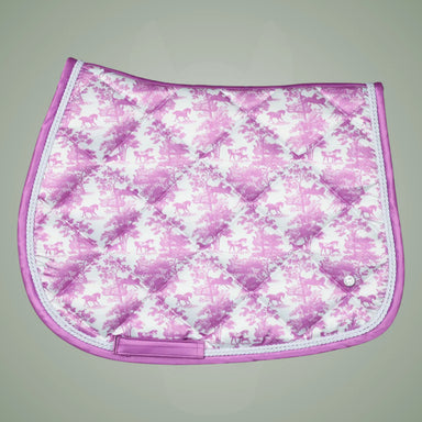Pink and white patterned saddle pad on a gray background