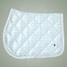 Quilted saddle pad with blue and white check pattern on a gray background