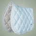 Quilted saddle pad with blue and white checkered pattern on a gray background