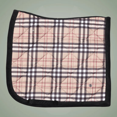 Plaid patterned saddle pad with black border on a light green background