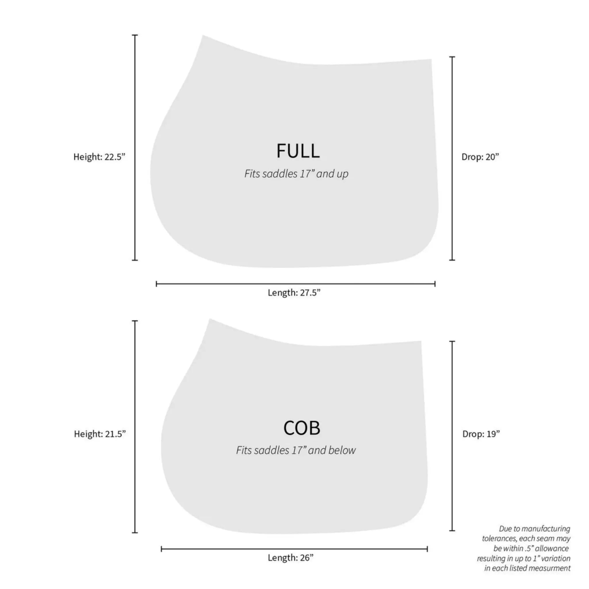 Measurement chart for Full and Cob saddle pads with dimensions on a white background