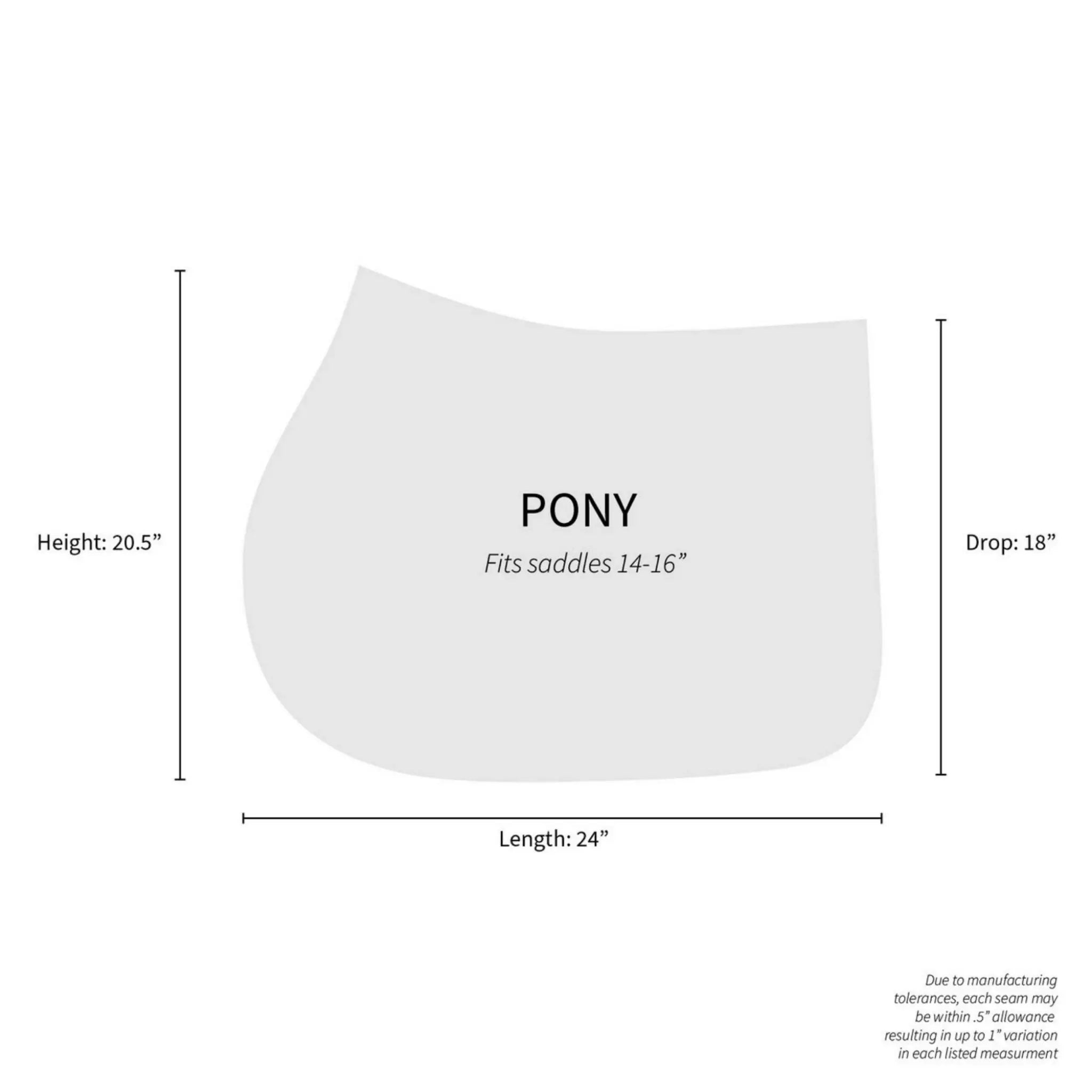 Measurement chart for a saddle pad labeled 'PONY' with dimensions on a white background.
