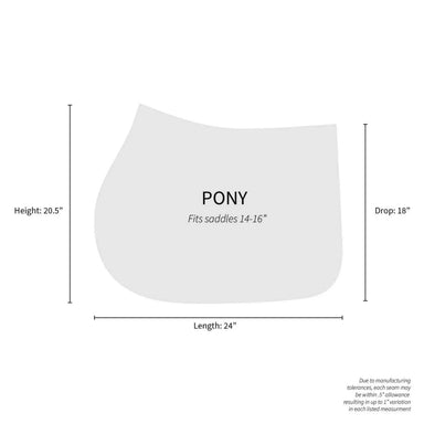 Measurement chart for a saddle pad labeled 'PONY' with dimensions on a white background.