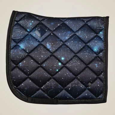 Quilted saddle pad with starry night design on a beige background