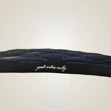 Black quilted seat cover with 'good rides only' text on a white background