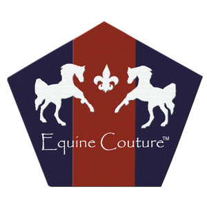 Equine Couture logo with two horses and a fleur de lis on a red and blue background