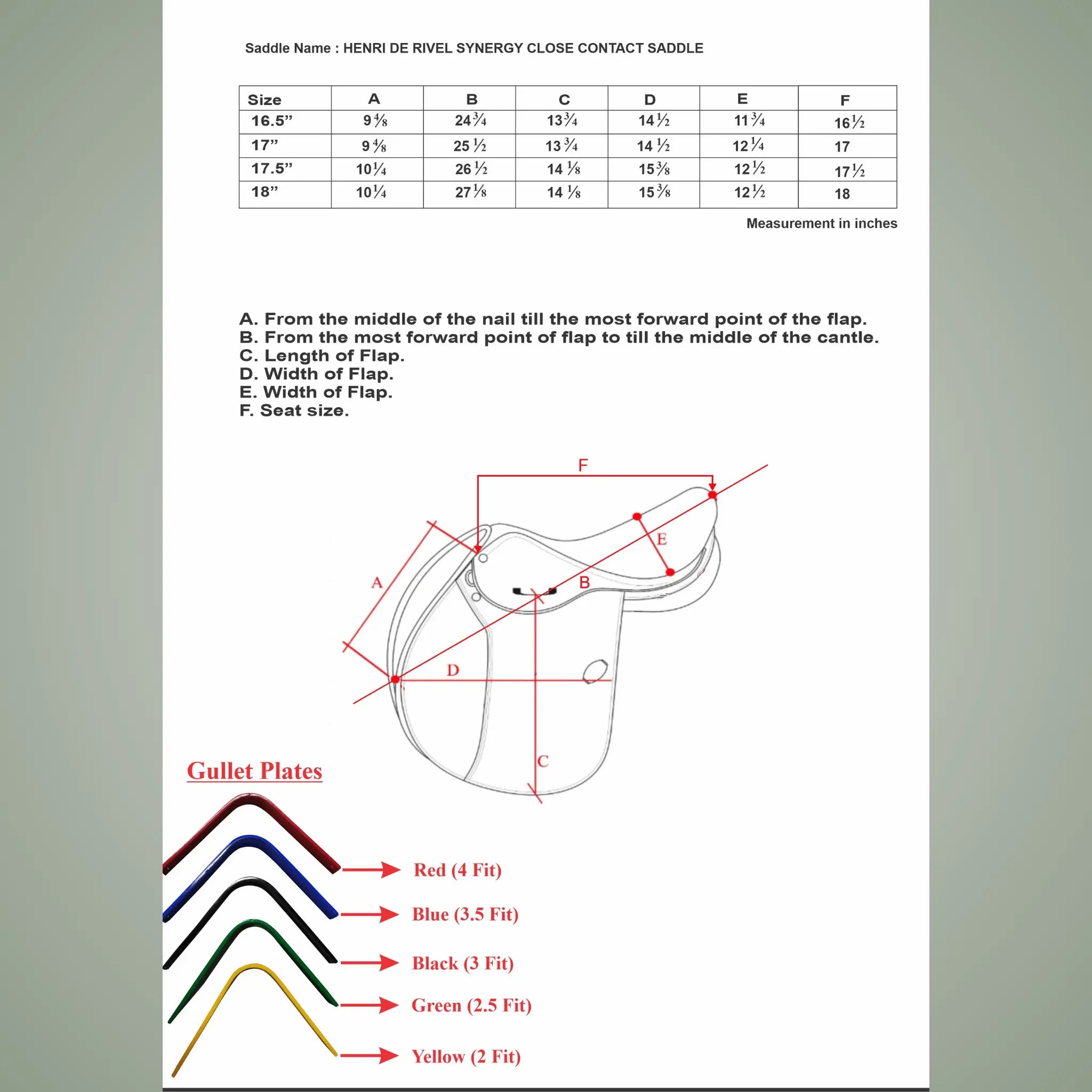 Horse saddle measurement chart with diagram and gullet plate color options on a white background.