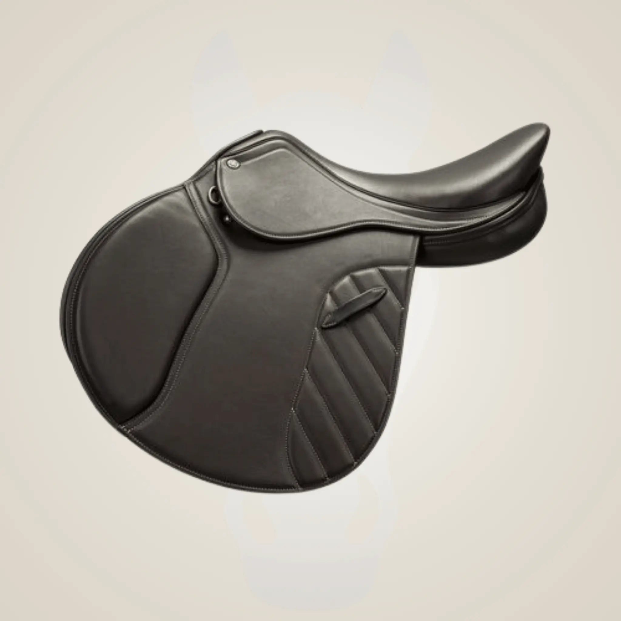 Leather equestrian saddle on a beige background