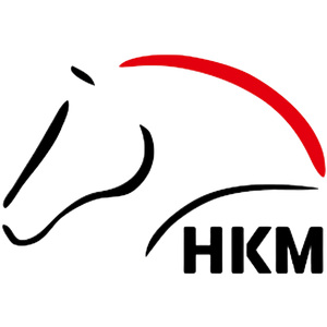 Logo with a stylized horse head and red arc on a white background, featuring the letters 'HKM'.