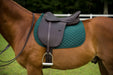 Horse with a green saddle pad and brown saddle on a grassy field