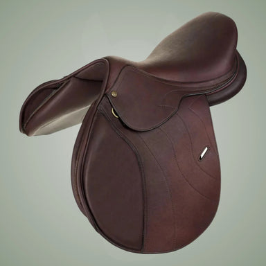 Brown leather saddle on a light gray background