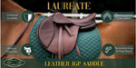 Leather IGP saddle with features highlighted on a horse, branded 'Laureate'.