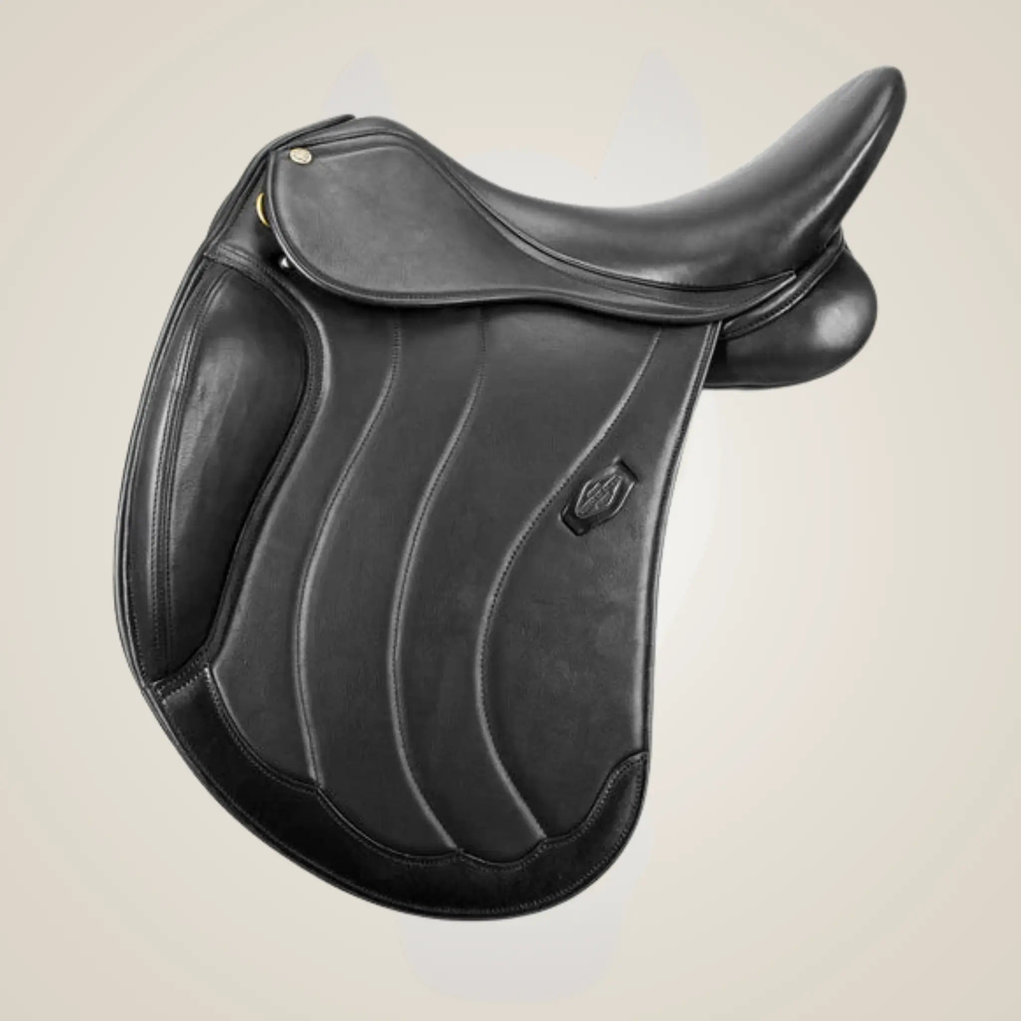 Black leather saddle on a beige background