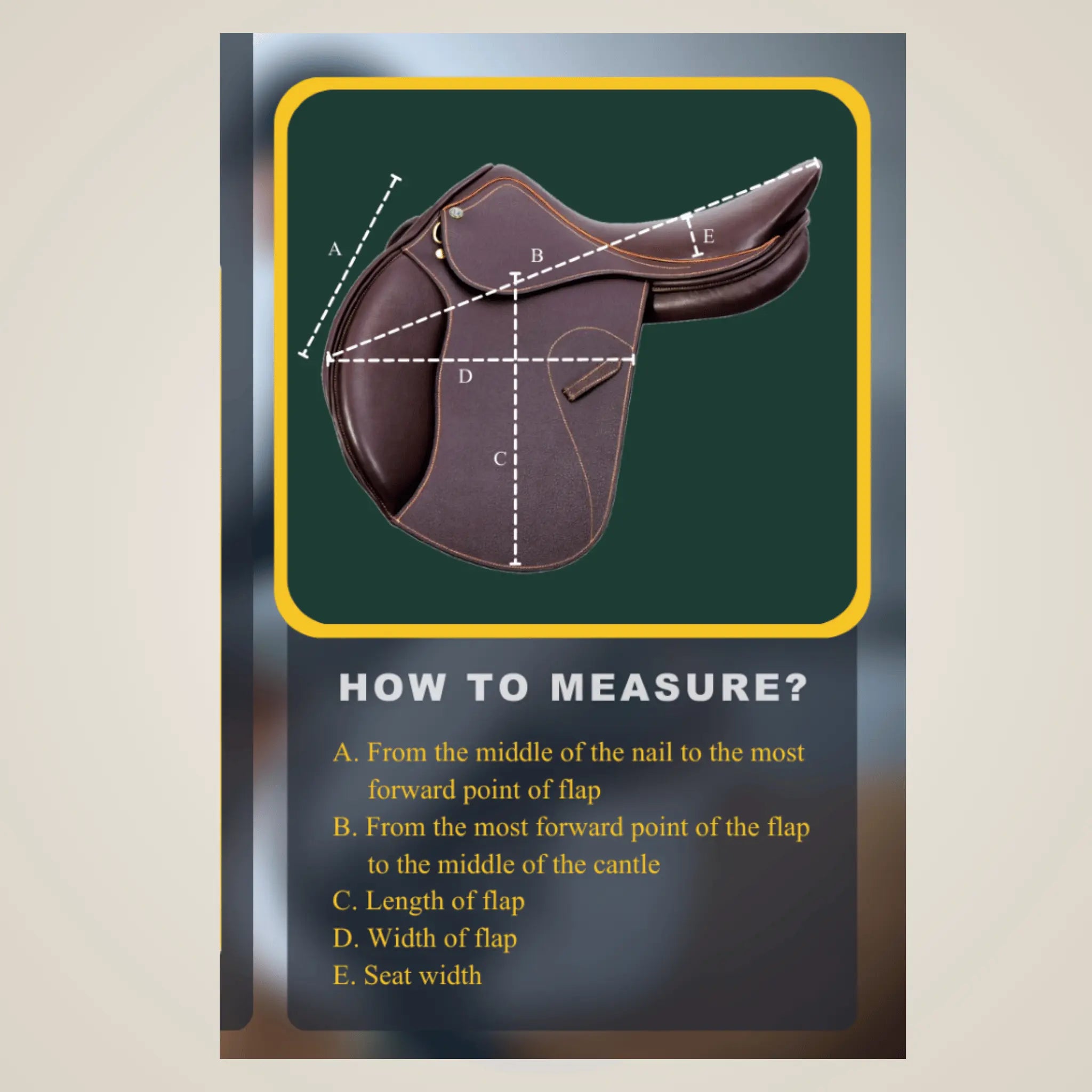 Saddle measurement guide with a brown leather saddle on a green background
