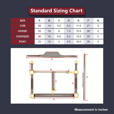 Standard sizing chart for horse equipment with measurements in inches on a dark background.