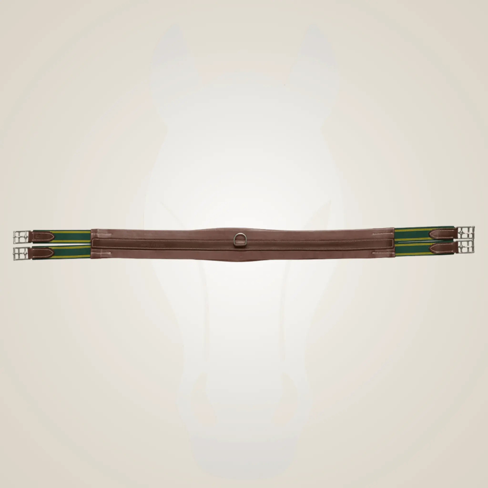 Brown equestrian girth with green accents on a light beige background