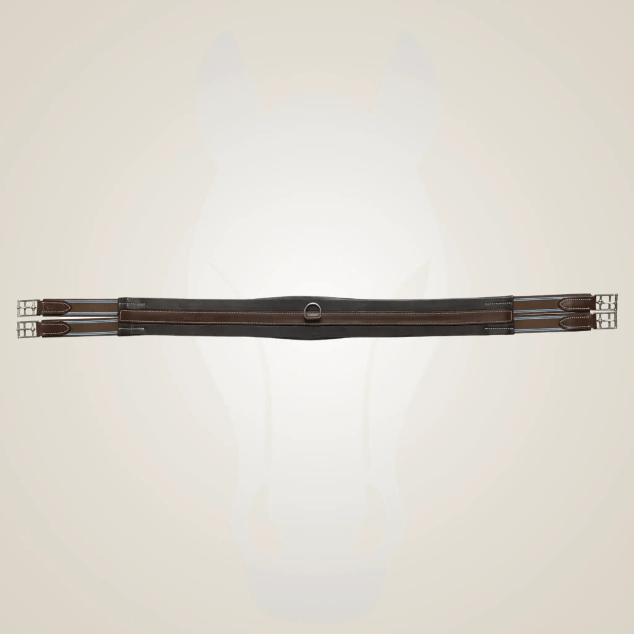 Brown equestrian girth with green accents on a light beige background