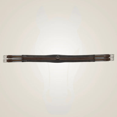 Brown equestrian girth with green accents on a light beige background