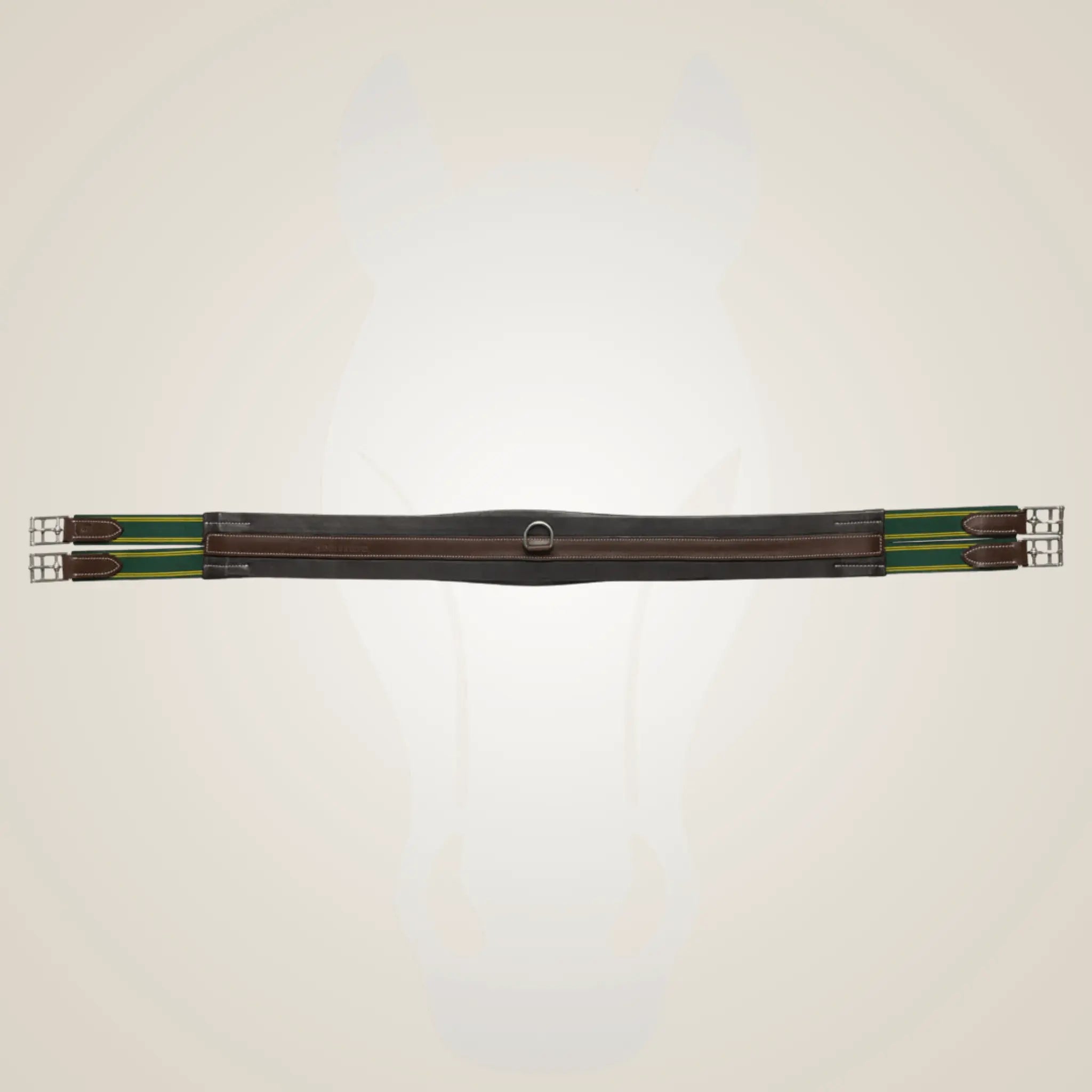 Brown equestrian girth with green accents on a light beige background
