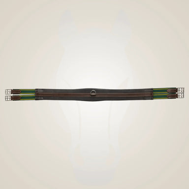 Brown equestrian girth with green accents on a light beige background