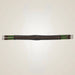 Brown equestrian girth with green accents on a light beige background