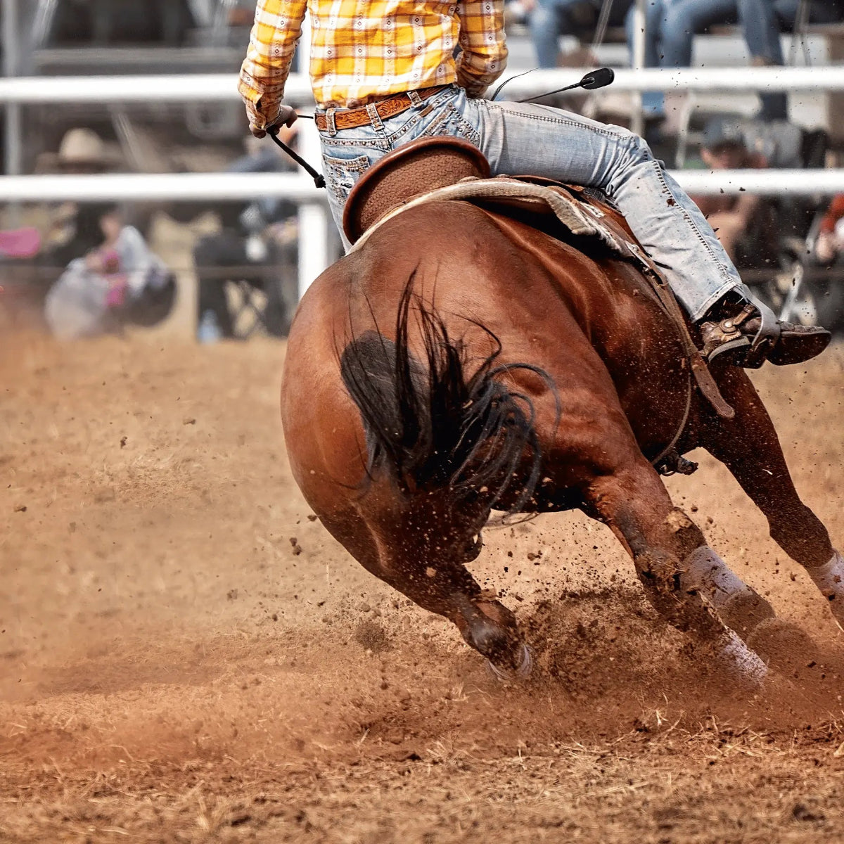 Person riding a bucking brown horse in a rodeo arena with spectators in the background.