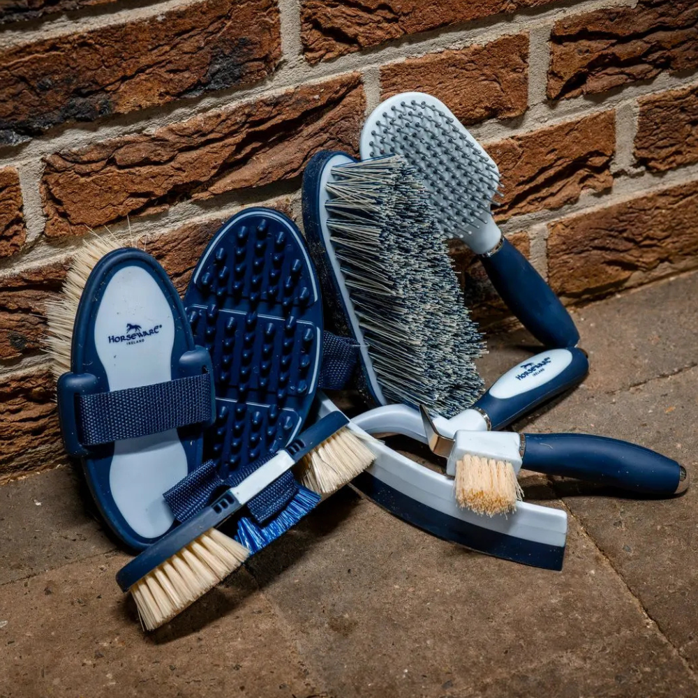 Set of horse grooming brushes on a brick surface