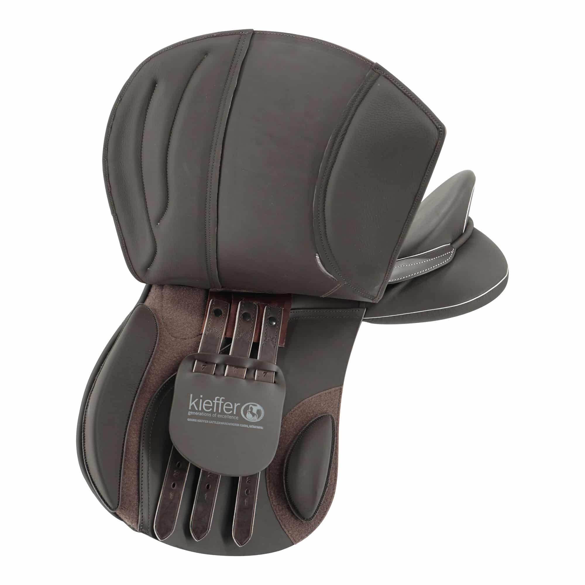 Kieffer Garmisch all purpose saddle in brown, GK embossing below the seat and decorative knee stitching