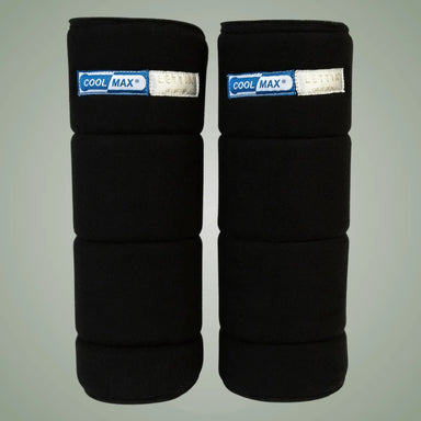 Pair of black leg wraps with Cool Max labels on a gray background