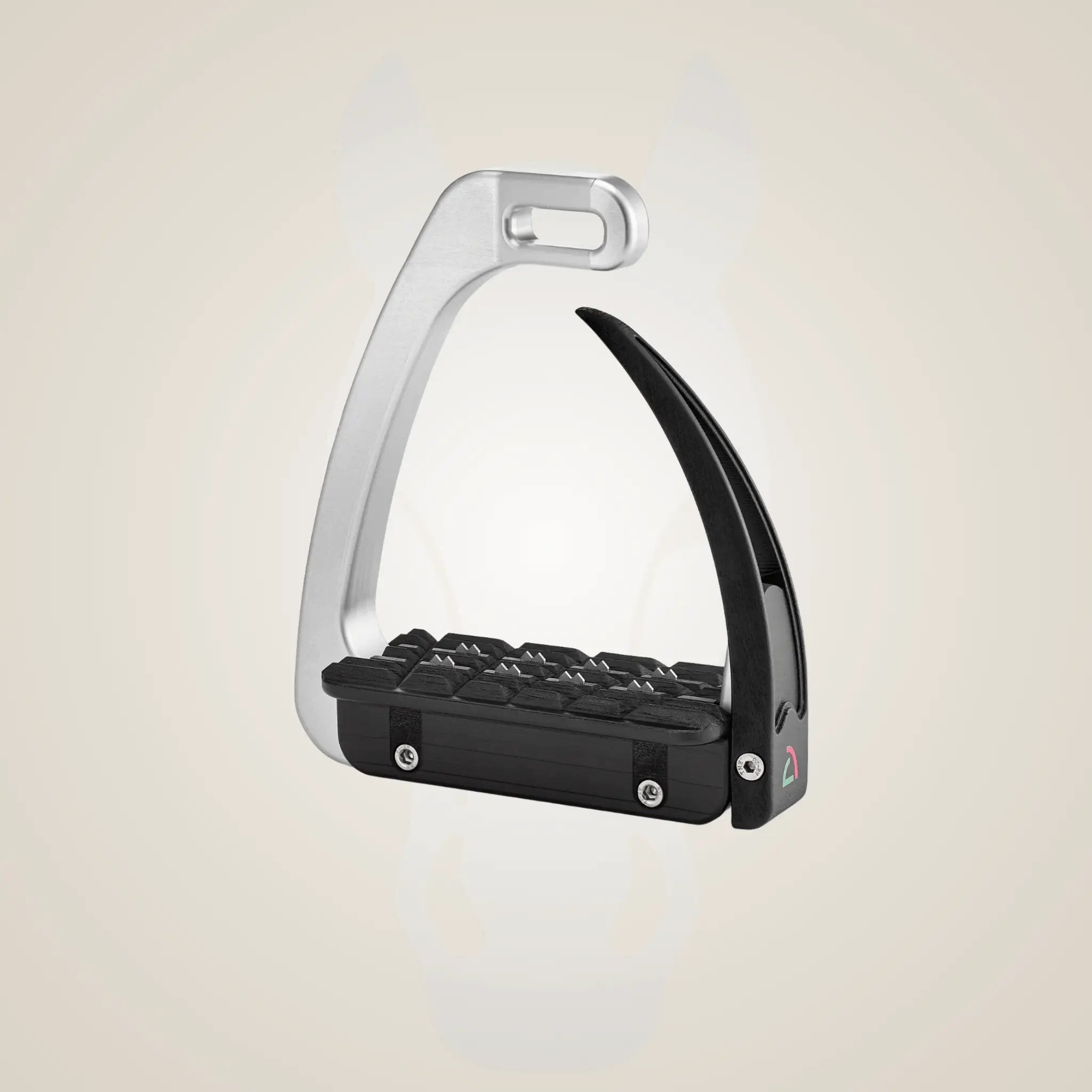 Black and chrome stirrup on a light beige background