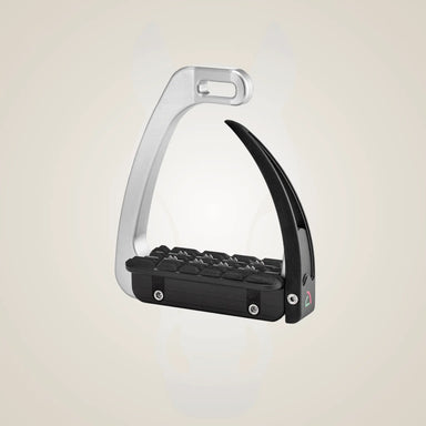 Black and chrome stirrup on a light beige background