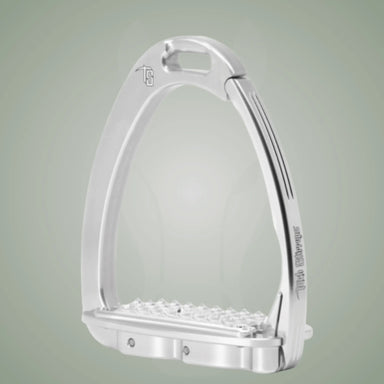 Silver metal stirrup on a light gray background