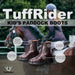 TuffRider kids' paddock boots with features highlighted, set against a background of a person riding a horse.