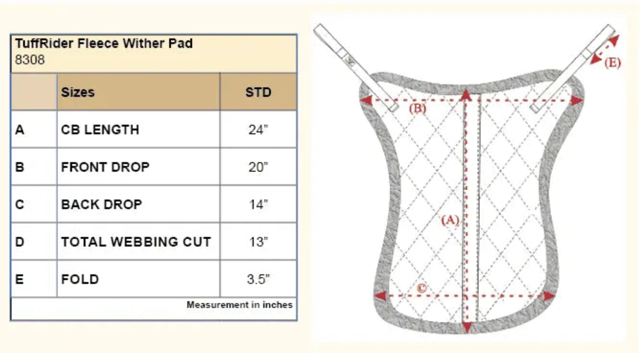TuffRider Fleece Wither Pad measurement chart with pad diagram on a beige background