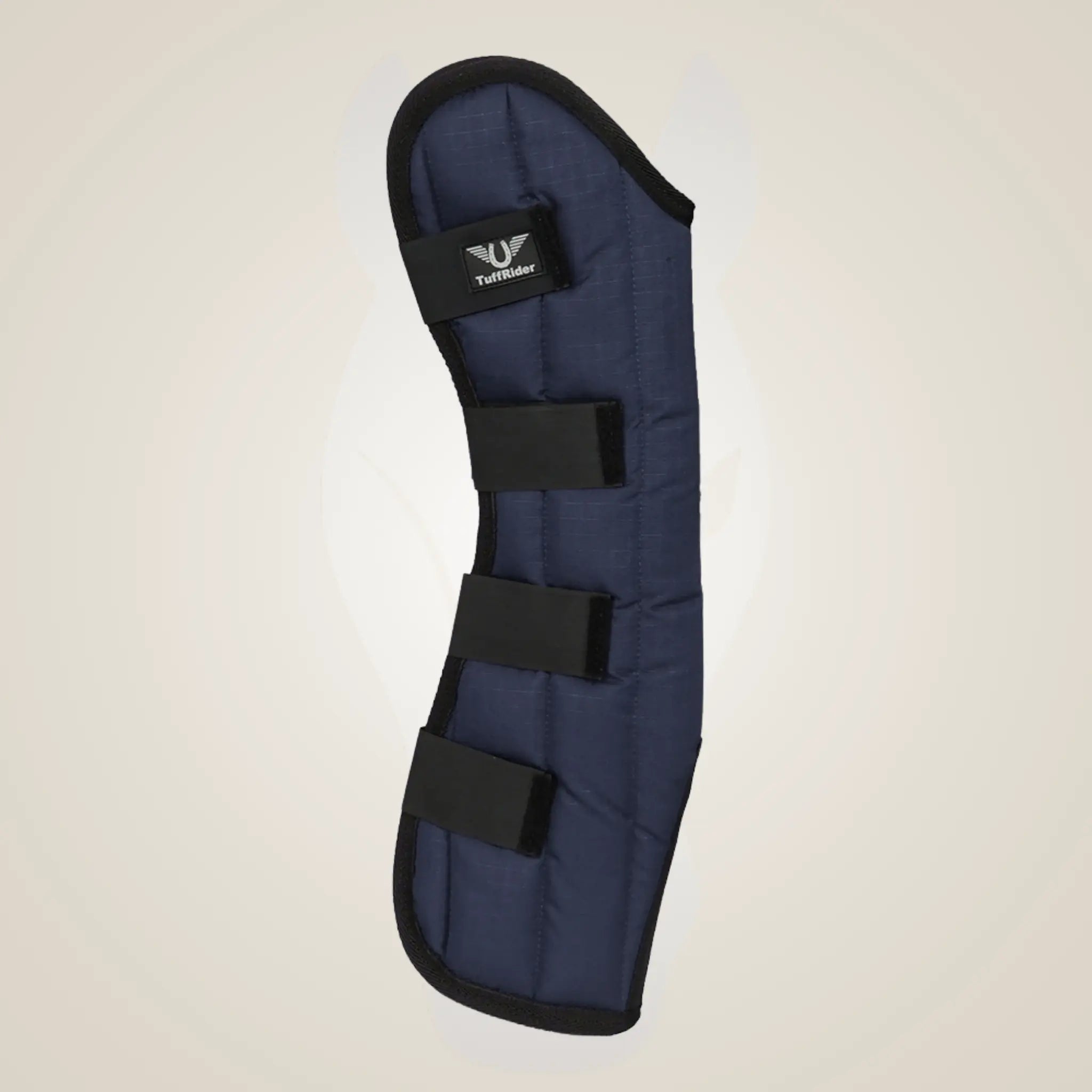 Navy blue protective pad with black straps on a light gray background