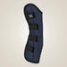Navy blue protective pad with black straps on a light gray background