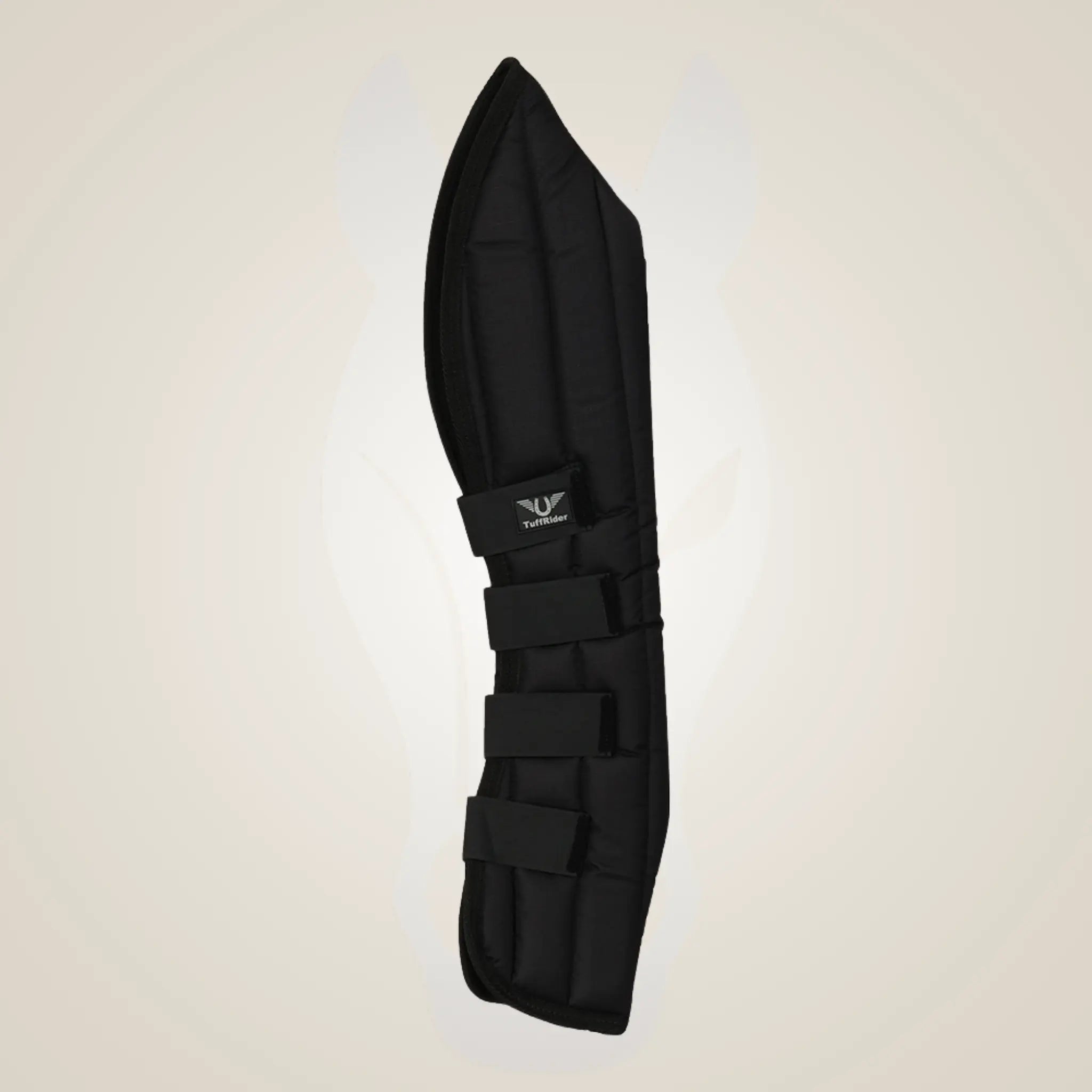 Black protective equestrian leg guard on a light beige background