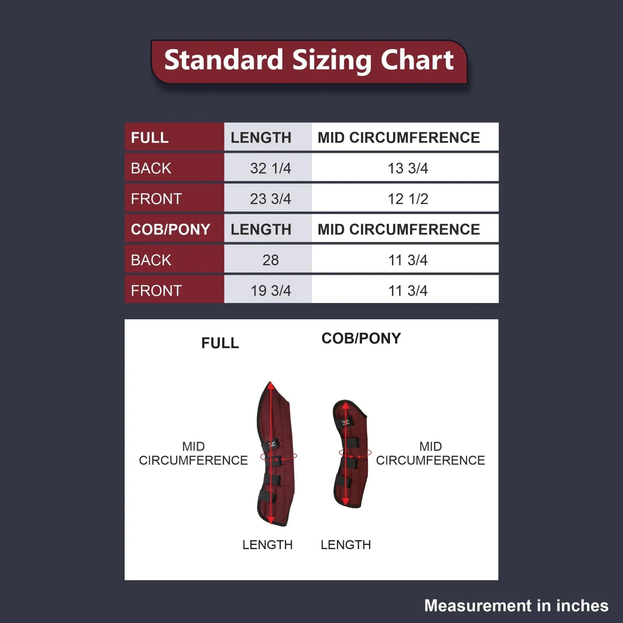 Standard sizing chart for full and cob/pony measurements with illustrations on a dark background.