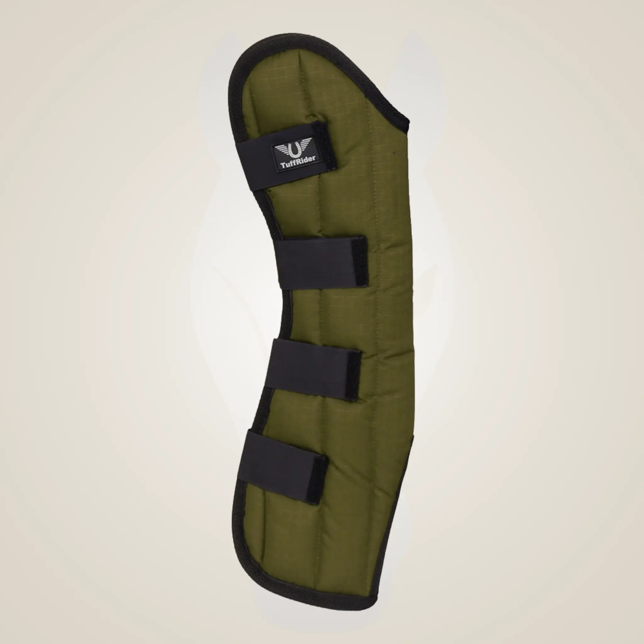 Green protective pad with black straps on a beige background