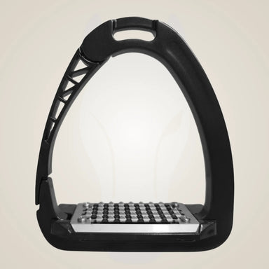 Black equestrian stirrup with metallic tread on a beige background