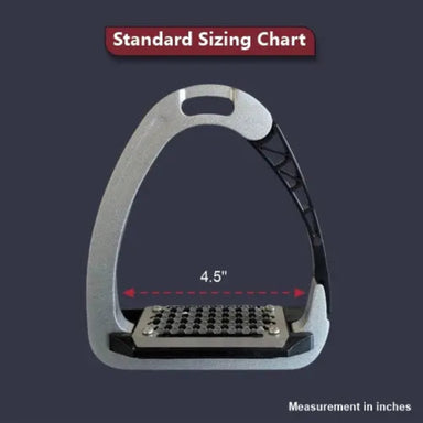 Equestrian stirrup with measurement details on a dark background
