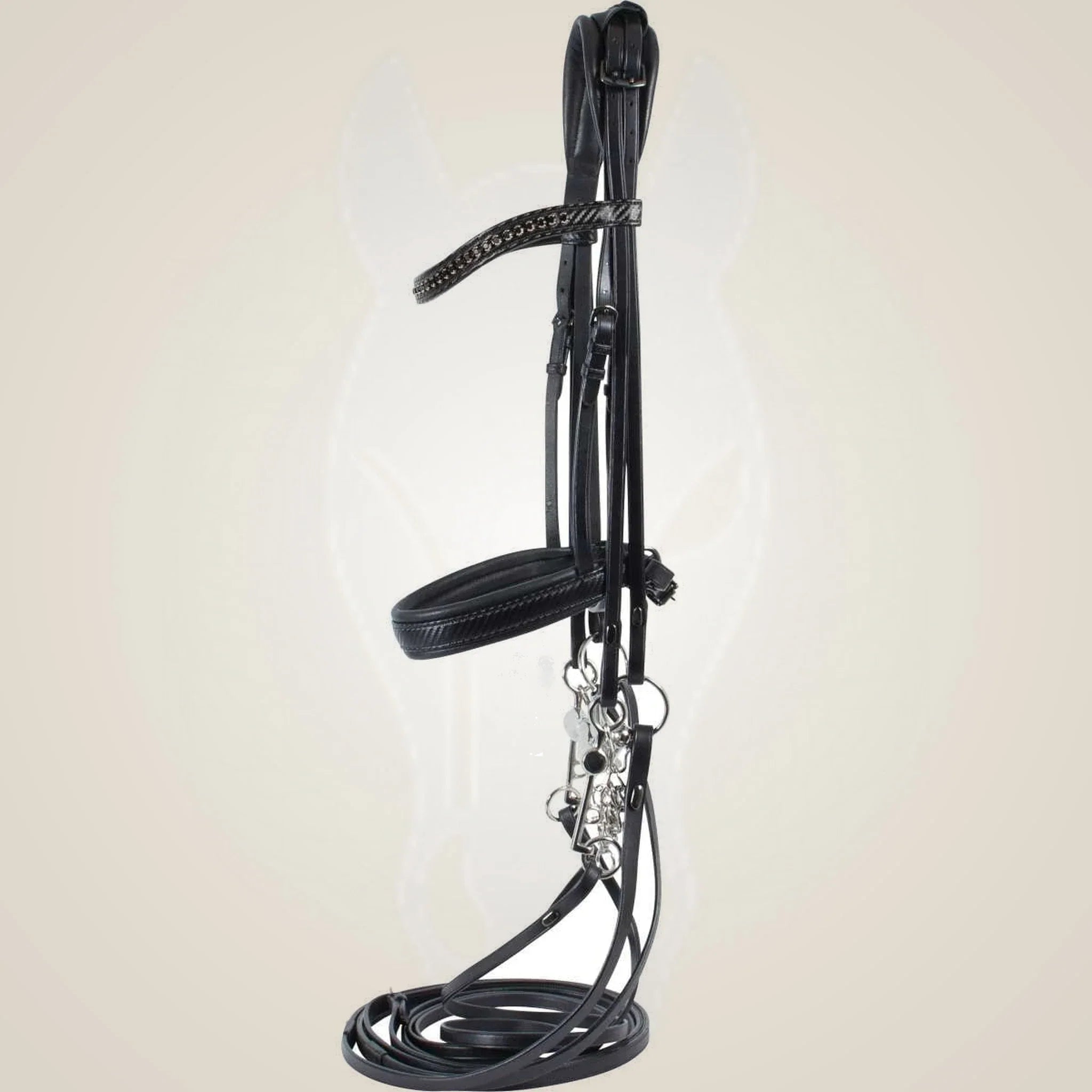 Catago 3D-Tech double bridle in black with a Swarovski stone browband, full bridle.