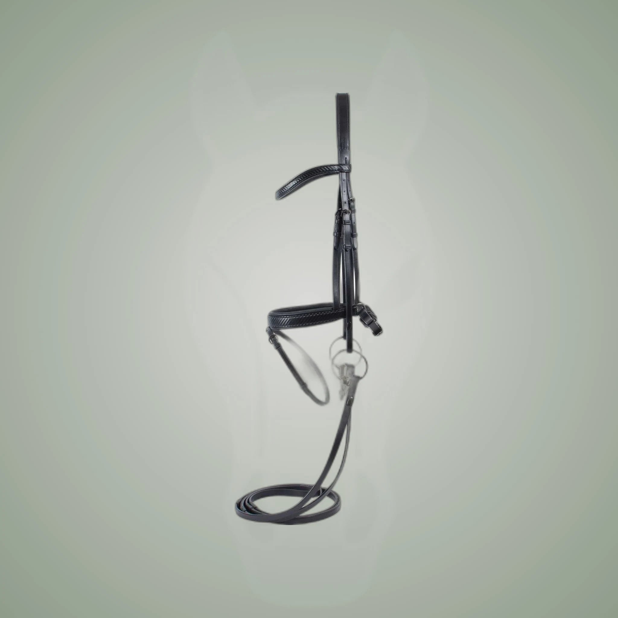 Catago 3D-Tech Snaffle Bridle on One-Eyed Equine branded background