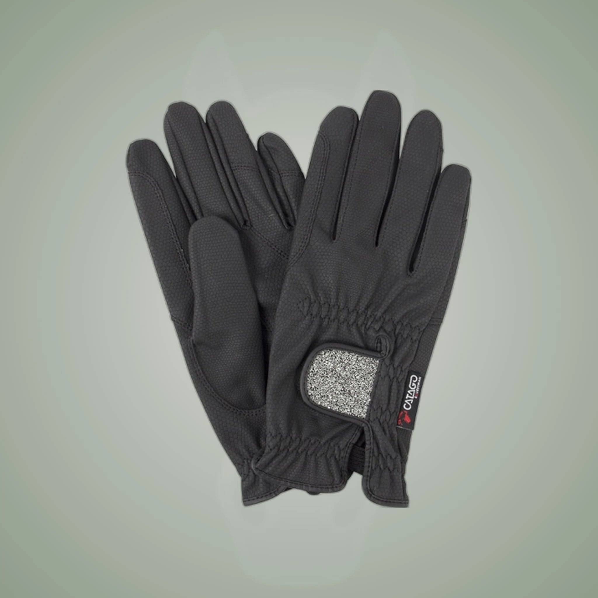 Catago Elite Shine Riding Gloves on One-Eyed Equine branded background
